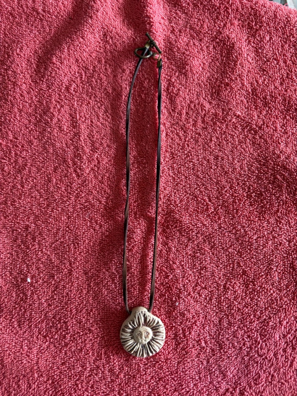 Handcrafted Sunburst Pendant Necklace - Brown leather cord with tan Pendant